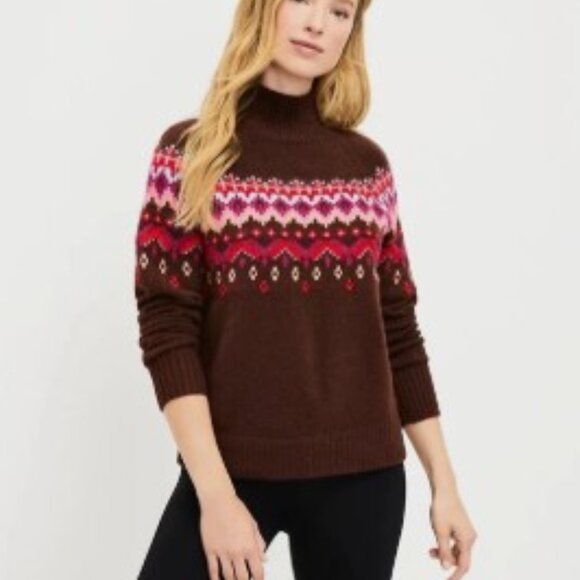 Loft Lou & Grey Women's Large Fair Isle Mock neck Sweater Cuban Coffee - Picture 1 of 7